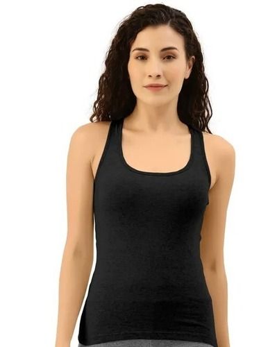 Casual Wear Washable Sleeveless Cotton Round Neck Black Women T Shirt