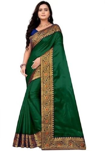 Red Green And Golden Plain Traditional Wear Border Design Cotton Silk Saree