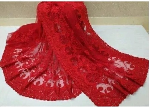 Light Weighted Red Embroidered Rayon Ladies Net Saree For Party Wear