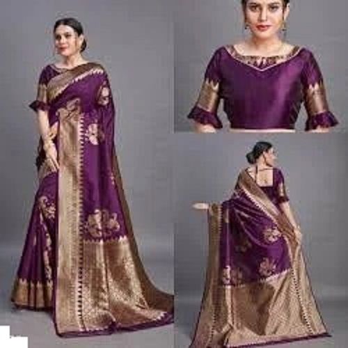 Purple And Golden Traditional Wear Zari Work Cotton Silk Saree