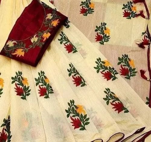 Red And Cream Flower Printed Comfortable Easily Washable And Breathable Chiffon Saree 