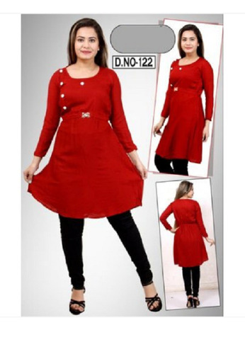 Ladies Rayon Kurti - Size L, XL, XXL | Stylish Red, Breathable Full Sleeves for Party Wear