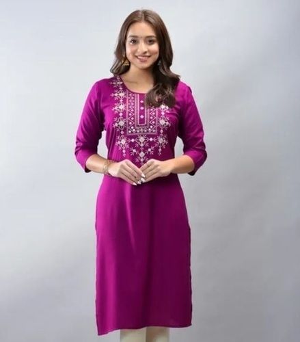 Round Neck 3/4th Sleeves Pink And White Cotton Embroidered Ladies Kurtis