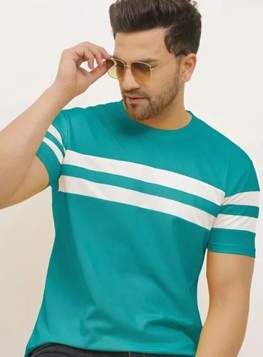 Washable And Breathable Cotton Sky Blue Printed Half Sleeves Men Round Neck T Shirts