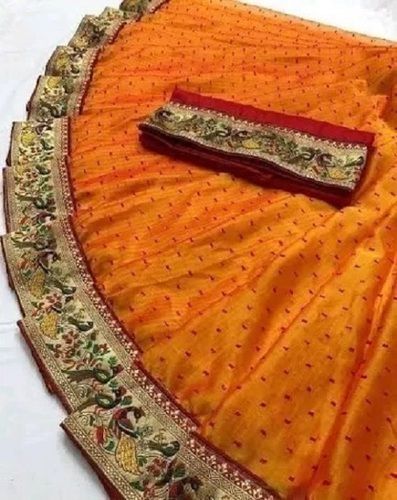 Washable And Breathable Orange And Golden Ethnic Wear Cotton Silk Saree 