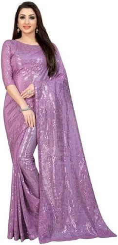 Washable And Comfortable Purple Sequin Work Party Wear Georgette Saree 