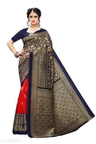 Washable Blue And Red Traditional Wear Zari Work Cotton Silk Saree