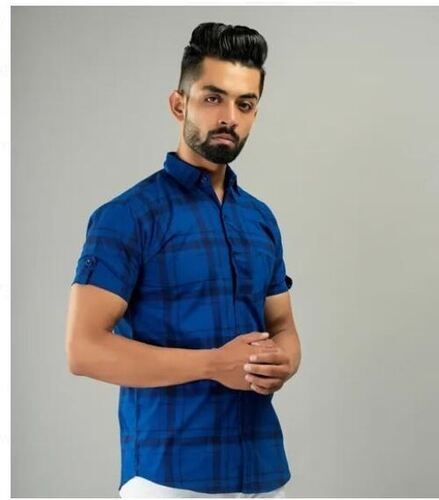 Blue Half Sleeves Washable And Comfortable Stylish Men'S Cotton Shirts