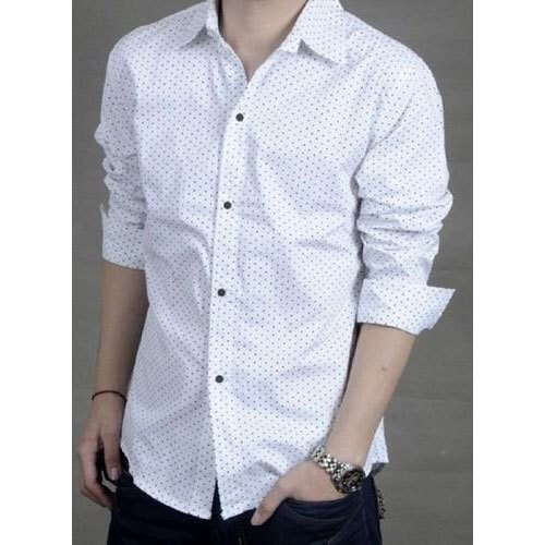 Washable And Comfortable Collar Neck Cotton White Dot Printed Mens Shirt