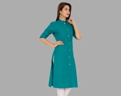 Designer And Fancy Plain Pattern With 3/4 Sleeves Cotton Ladies Kurtis