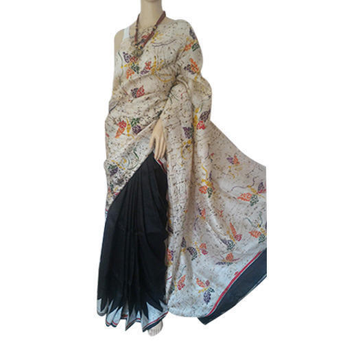 Ladies Floral Printed Black Silk Batik Saree For Casual Wear 