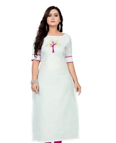 White Knee Length Half Sleeves Breathable And Comfortable Ladies Kurtis