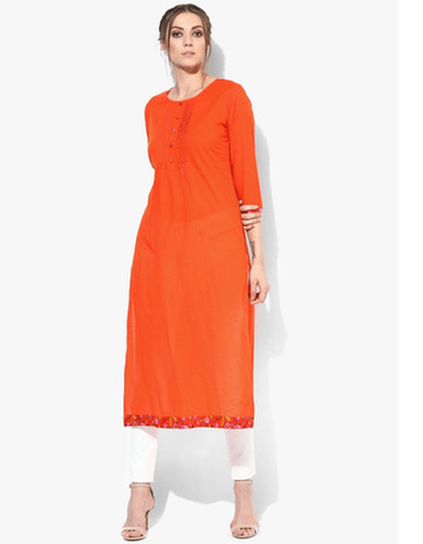 3/4th स्लीव्स और राउंड नेक कैज़ुअल लॉन्ग कॉटन लेडीज़ प्लेन ऑरेंज कुर्ती