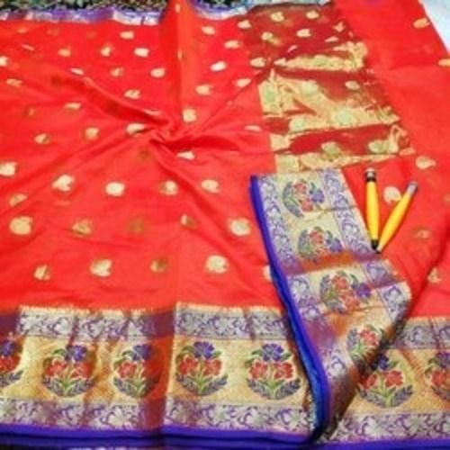 6.3 Meter Length Party Wear Paithani Zari Pallu Chanderi Silk Orange Saree