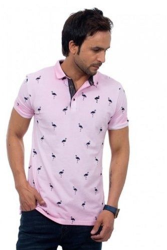 Easily Washable And Comfortable Half Sleeves Printed Cotton Mens Pink T Shirts 