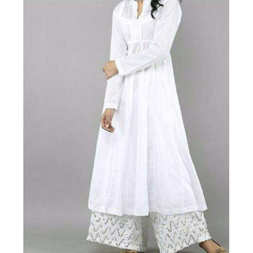 Full Sleeves Simple Attractive And Elegant Cotton Ladies White Long Kurti