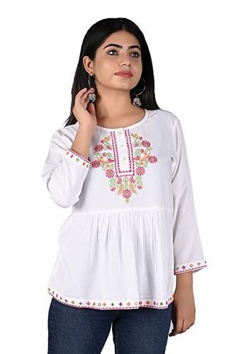 Printed White Tops For Ladies With Stylish Design And 3/4 Sleeve Round Neck, Embroidered Work