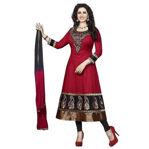 Cotton Salwar Suit - Extra Long Full Sleeves, Elegant Red and Black Embroidered Design | Washable, Suitable for All Seasons