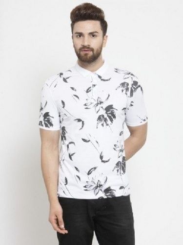 White And Black Half Sleeves Collared Neck Mens Printed T Shirt 