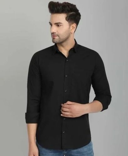 Black Straight Collar Casual Wear Full Sleeve Button Closure Cotton Shirt 