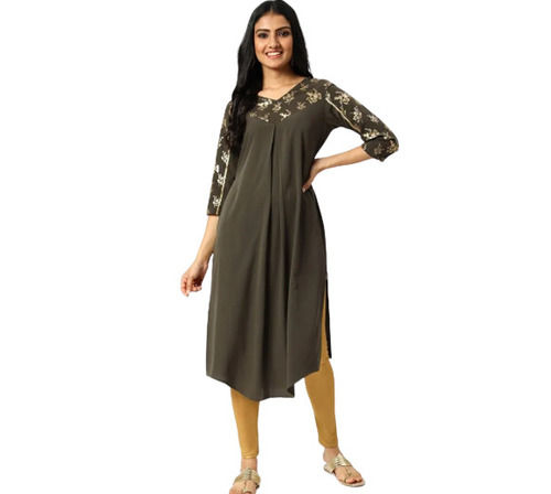 Comfortable And Washable 3 To 4th Sleeves Ladies Printed Gray Cotton Kurti