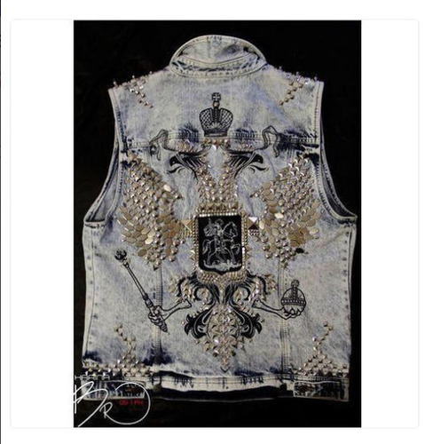 Grey Printed Pattern Denim Jacket - Size Medium, Breathable & Washable | Comfortable Sleeveless Design with Embroidered Collar & Cuffs