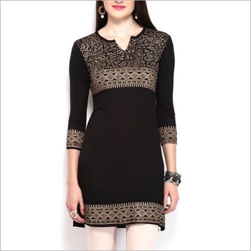 Party Wear Embroidered 3/4 Sleeve Black Cotton Kurtis For Ladies