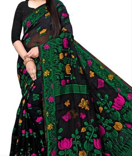 समर पार्टी वियर महिलाओं के लिए एम्ब्रॉयडरी की हुई हरी और काली कॉटन साड़ी
