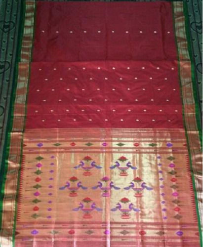 Cream Party Wear Maroon And Green Pure Silk Designer Paithani Saree With Blouse Piece 