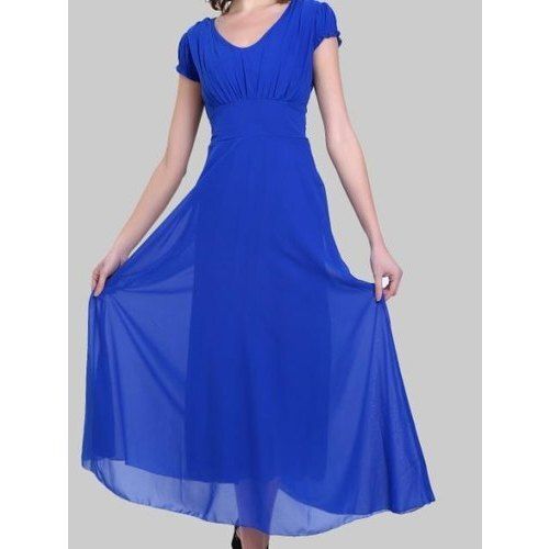 Plain Blue Long Fashion Dress For Women