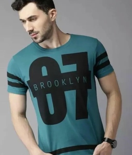 Sea Green And Black Short Sleeves O Neck Causal Wear Printed Cotton Mens T Shirts