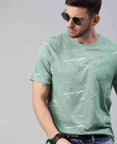 Short Sleeves O Neck Causal Wear Mens Printed Green Cotton T Shirts