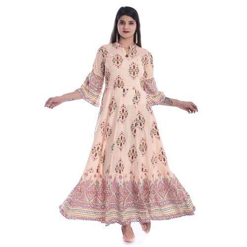 Skin Friendly Casual Wear 3/4th Sleeve Rayon Slub Long Gown Kurti