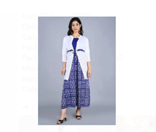 कैज़ुअल वियर 3 टू 4th स्लीव ब्लू और व्हाइट प्रिंटेड रेयॉन लेडीज़ ड्रेस