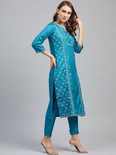 Comfortable And Fashionable Beautiful Ladies Blue Straight Art Silk Kurti  Pant Set at Best Price in Kolkata