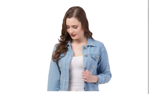 Full Sleeve Modern Stylish And Plain Casual Wear Women Grayish Blue Denim Jacket - Lightweight, Comfortable, V Neck Collar, Long Sleeve, Washable, Sizes L, S, XL