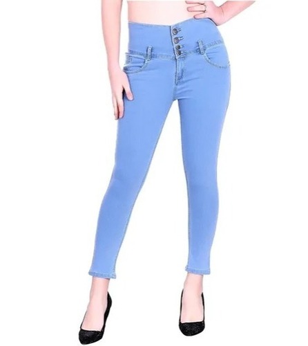 Light Blue Comfortable And Washable High Waisted Plain Denim Women Jeans