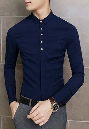 Navy Blue Shade Casual Wear Comfortable And Washable Mens Plain Cotton Shirt