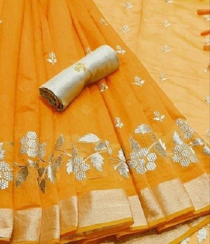 Automatic Orange And Silver Casual Wear Embroidery Work Chanderi Silk Saree