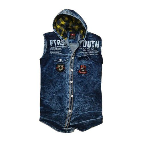 Sleeveless Comfortable And Washable Regular Fit Hoodie Style Men Denim Shirt 