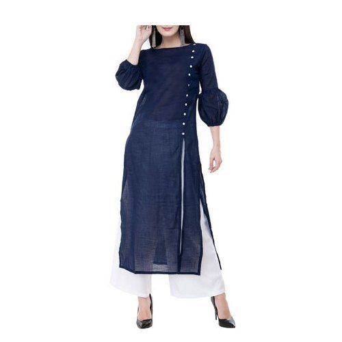 Women'S Modern 3/4 Sleeves And Casual Wear Georgette Fabric Blue Kurti