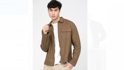 Casual Wear Brown Plain Pattern Washable Full Sleeve Cotton Jacket 