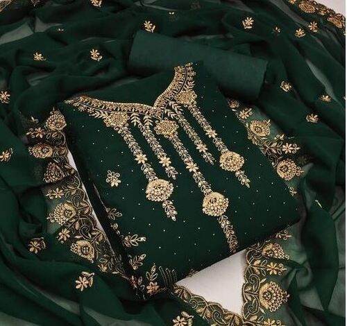 Casual Wear Dark Green Unstitched And Embroidered Cotton Ladies Suit 