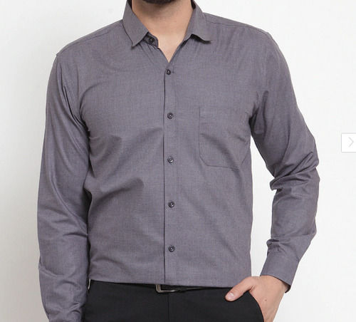 Plain Causal Wear Grey Full Sleeves Straight Collar Cotton Men Shirts With Front Pocket