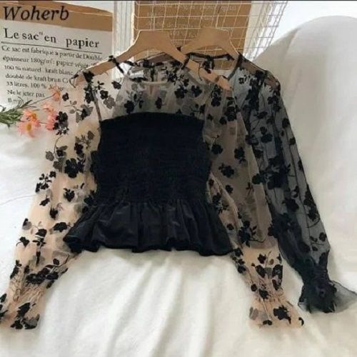 Stylish And Comfortable Net And Crepe Fabric Black Girl Tops