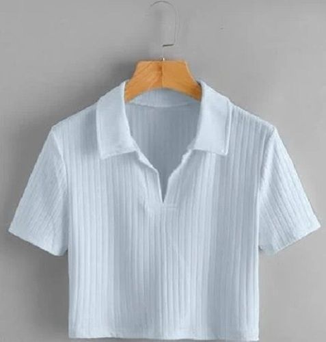 Stylish And Comfortable V Neck Collared Short Sleeve Cotton Crop Top