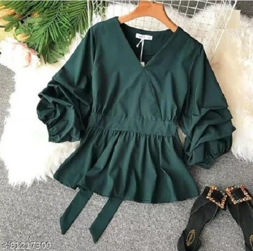 V Neck Short Sleeve Green Casual Wear With Belt Flay Top 