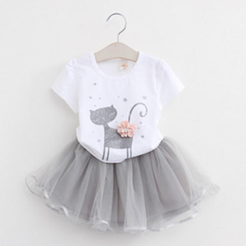 Girl's Stylish Fashionable Short Sleeves Party Wear White And Grey Skirt Top