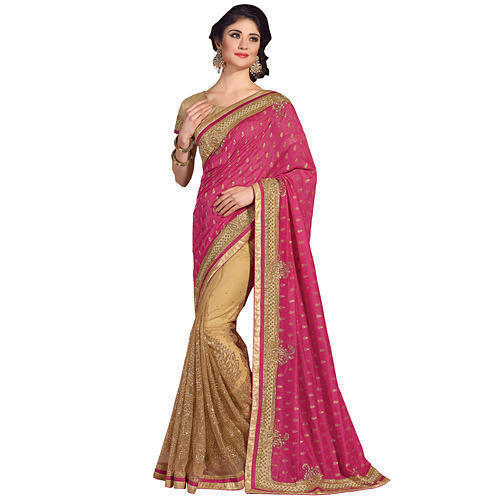 Indian Style Zari Work Party Wear Chiffon Saree with Unstiched Blouse Piece