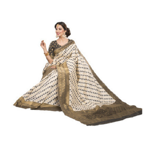 सफ़ेद और भूरे रंग की प्रिंटेड पार्टी वियर वॉशेबल आरामदायक आर्ट सिल्क साड़ी